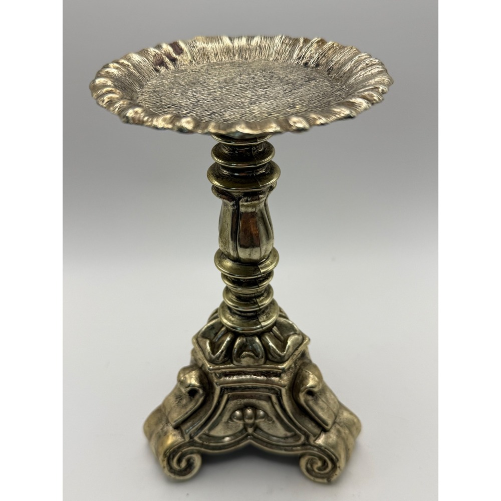 Vintage Rubel Silver Tone Ornate Baroque Pillar Candle Holder Scalloped Tripod